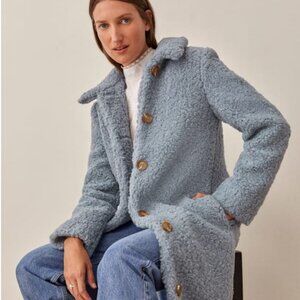 Reformation Ivan Teddy Faux Fur Trench Coat Jacket Blue